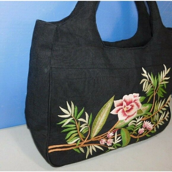 DV, DOLCE VITA BLACK FABRIC TOTE WITH EMBROIDERED FLOWERS, HANDBAG, PURSE - Picture 7 of 8